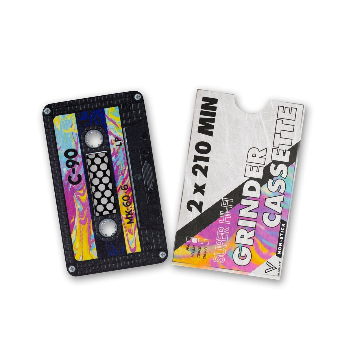 V Syndicate Cassette Nonstick Grinder Card with retro design, compact and portable, front and back view