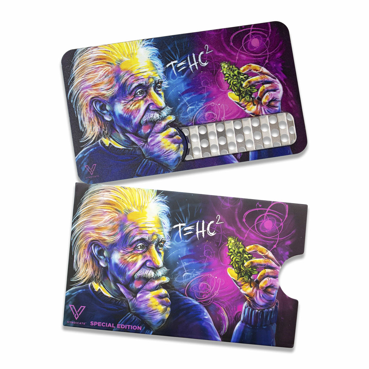 V Syndicate T=HC2 Einstein Grinder Card in black, blue, purple with compact design, top view