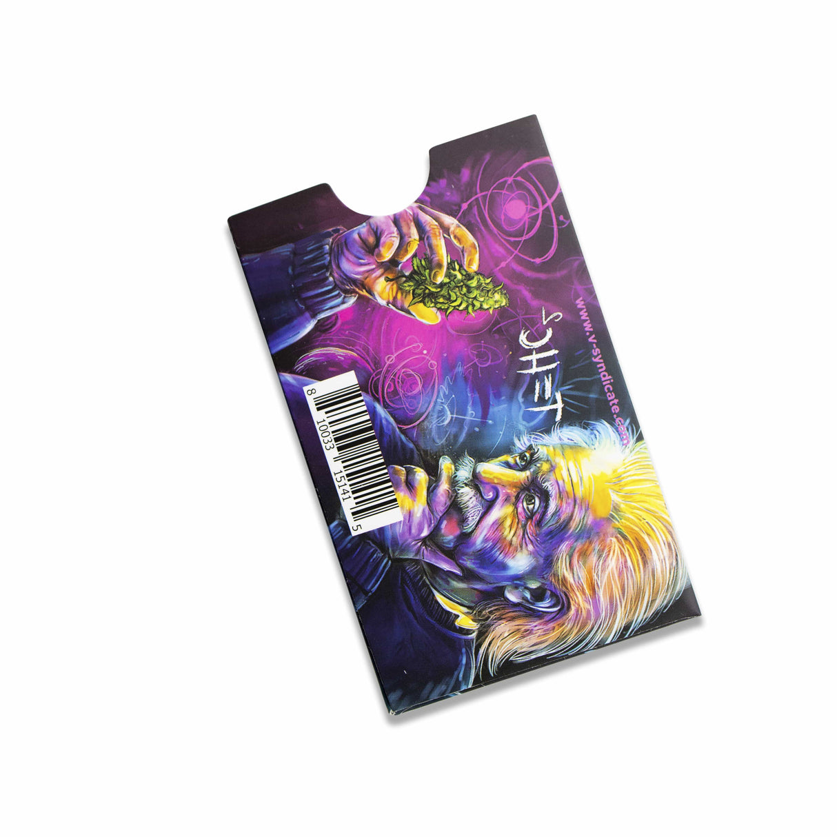 V Syndicate T=HC2 Einstein Grinder Card, compact and portable, with colorful design, angled view