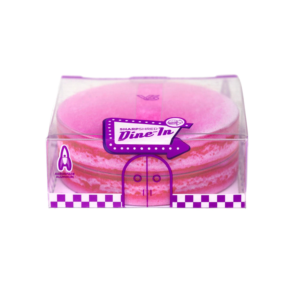 V Syndicate Macaron Raspberry 2-Piece Grinder, Compact Design, Front View on White Background