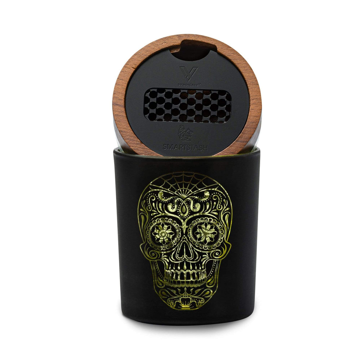 Daze of the Dead Yellow SmartStash by V Syndicate, medium size, front view with lid open showing grinder