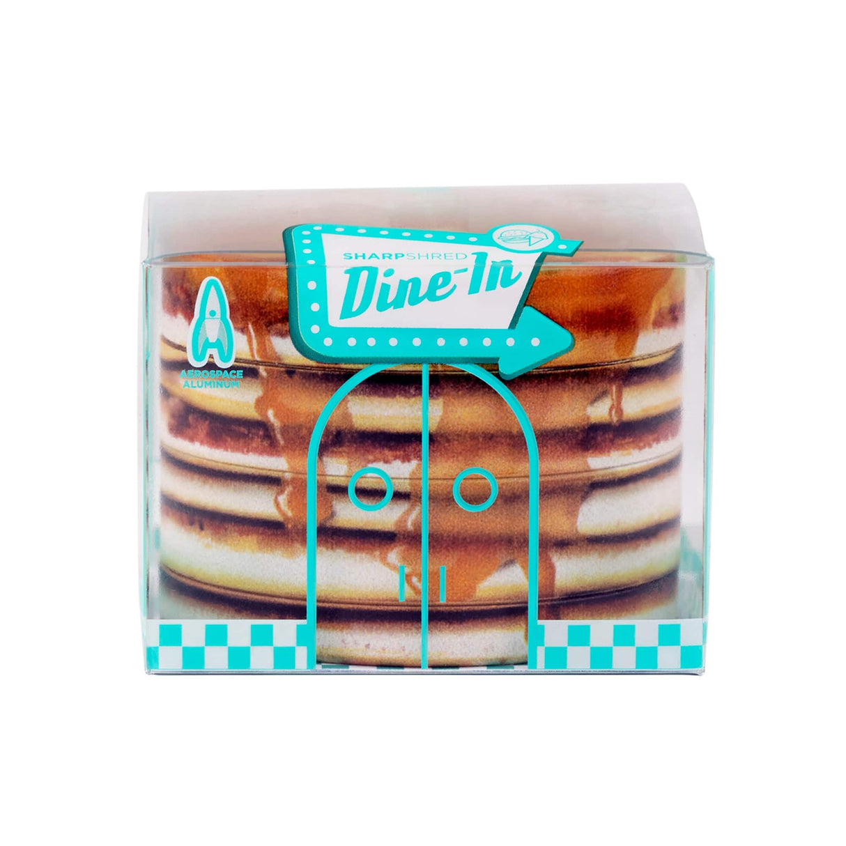 V Syndicate Pancakes 4-Piece SharpShred Grinder, 63mm, Front View with Diner Theme