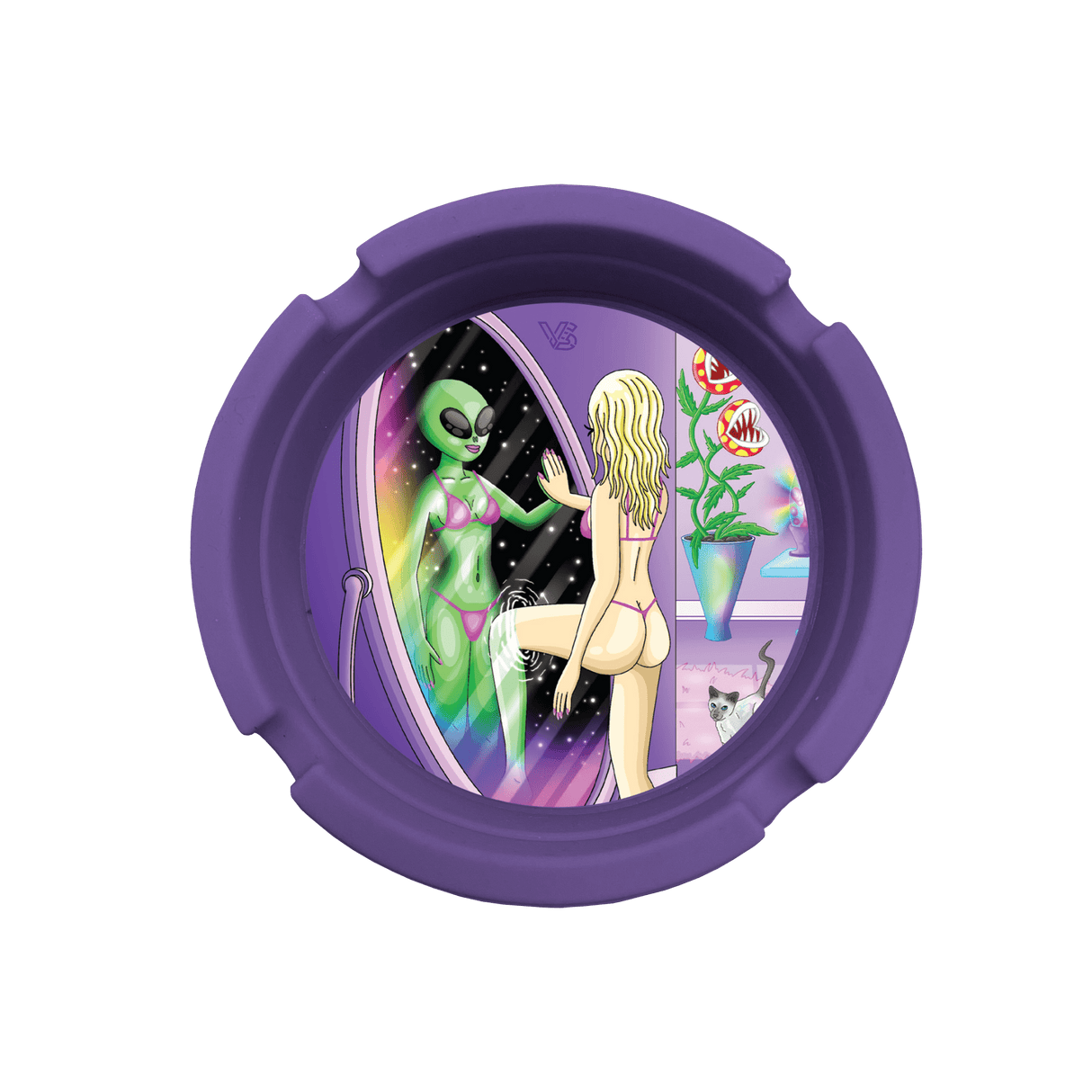 V Syndicate Reflections Blazin' Silicone Ashtray, Purple with Fun Alien Design, Top View
