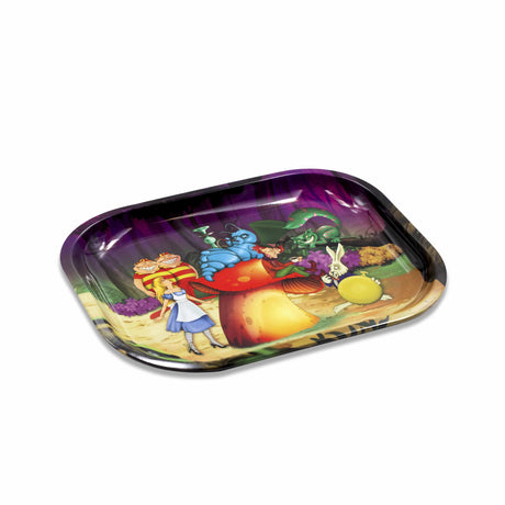 Alice Mushroom Metal Rollin' Tray by V Syndicate with colorful Wonderland design, medium size, angled view