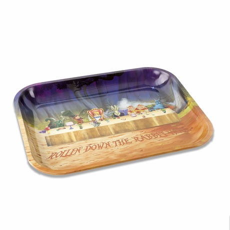 V Syndicate Alice Tea Party Metal Tray, medium-sized with colorful Wonderland design, angled view