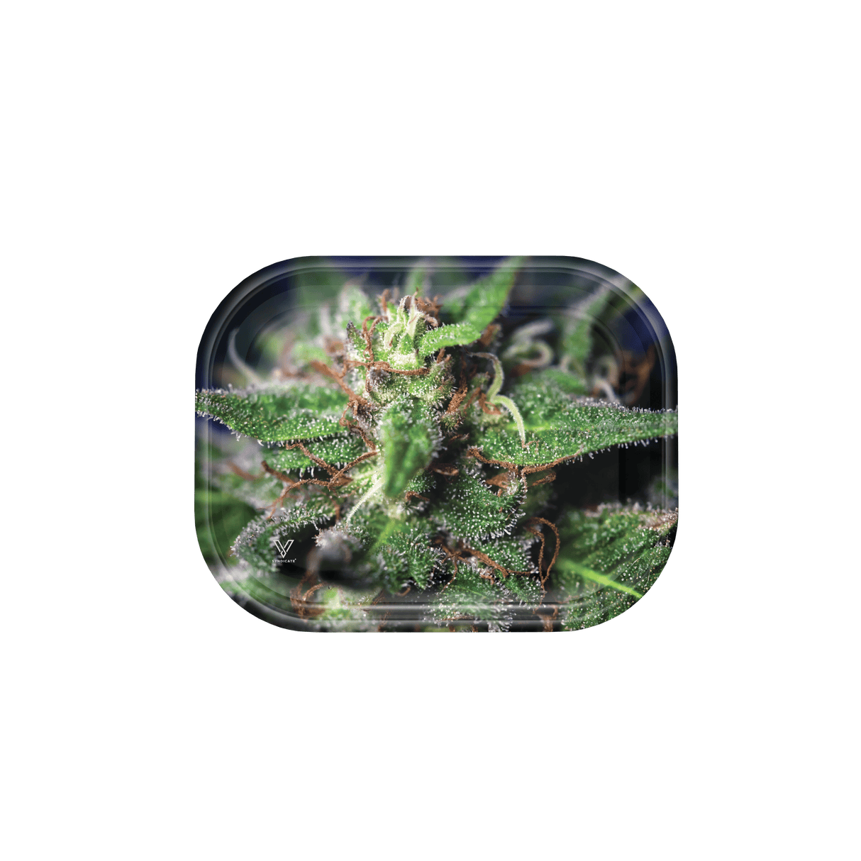 V Syndicate Blue Dream Metal Rollin' Tray with vibrant cannabis design, compact and portable