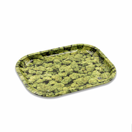 V Syndicate Buds Metal Rollin' Tray with vibrant green cannabis design, compact and portable