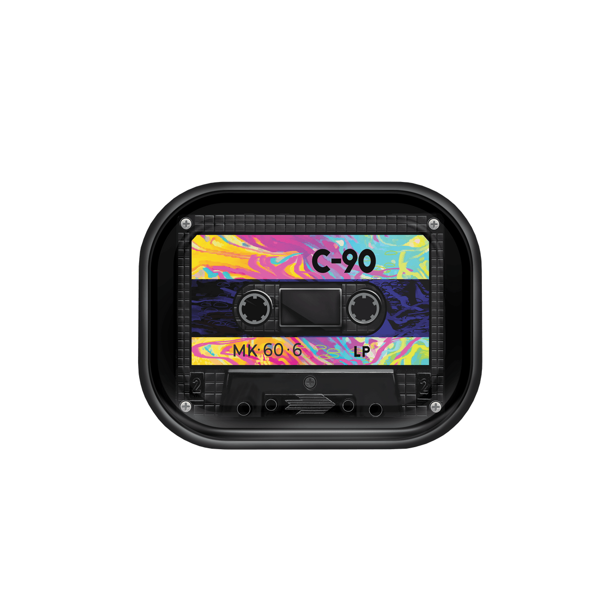 V Syndicate Cassette Metal Rollin' Tray with colorful retro tape design, medium size, perfect for dry herbs