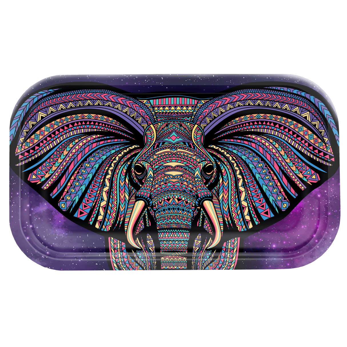 V Syndicate Elephant Metal Rollin' Tray with colorful mandala design, medium size, front view