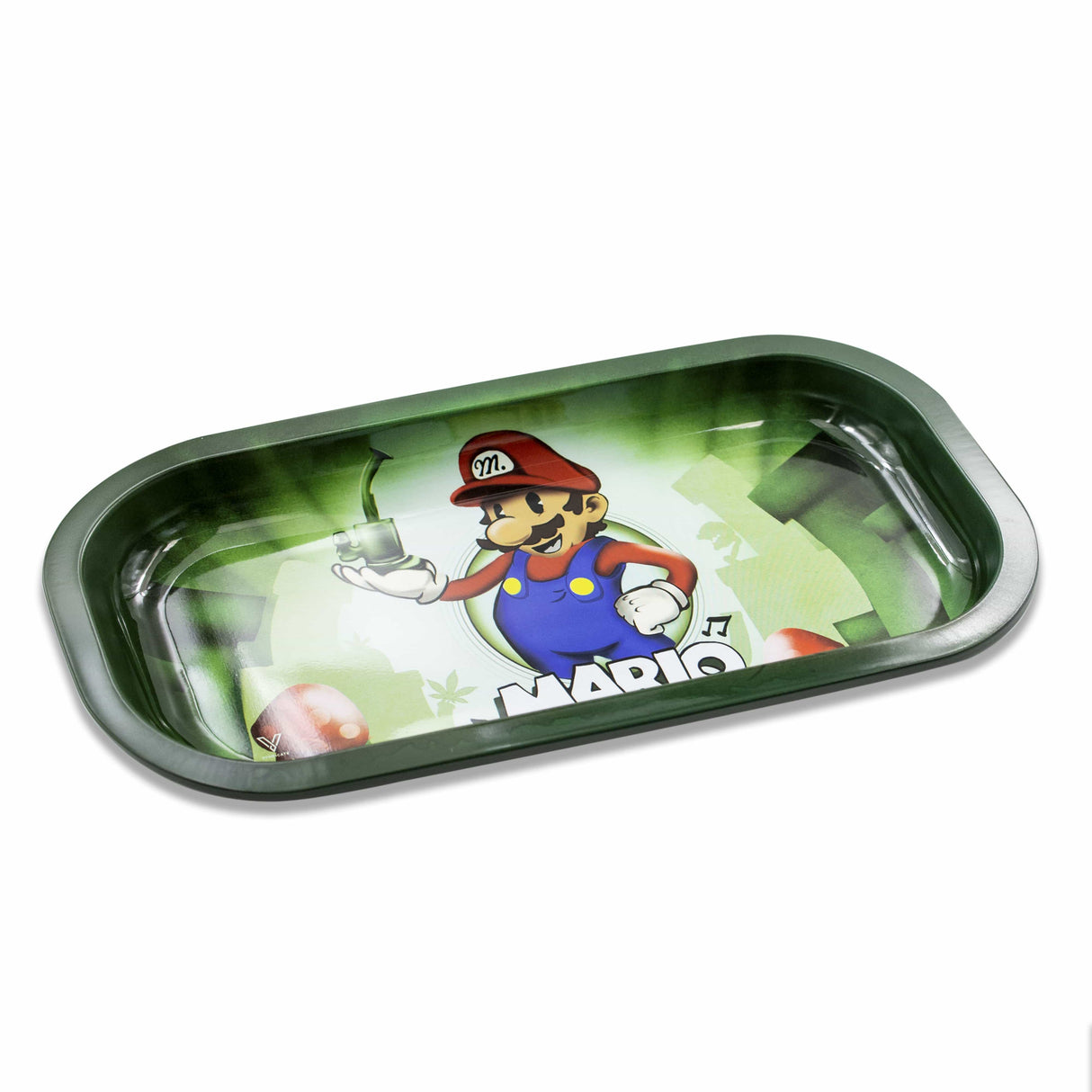 V Syndicate Mario Smoke Sesh Metal Rollin' Tray with vibrant green design, top view