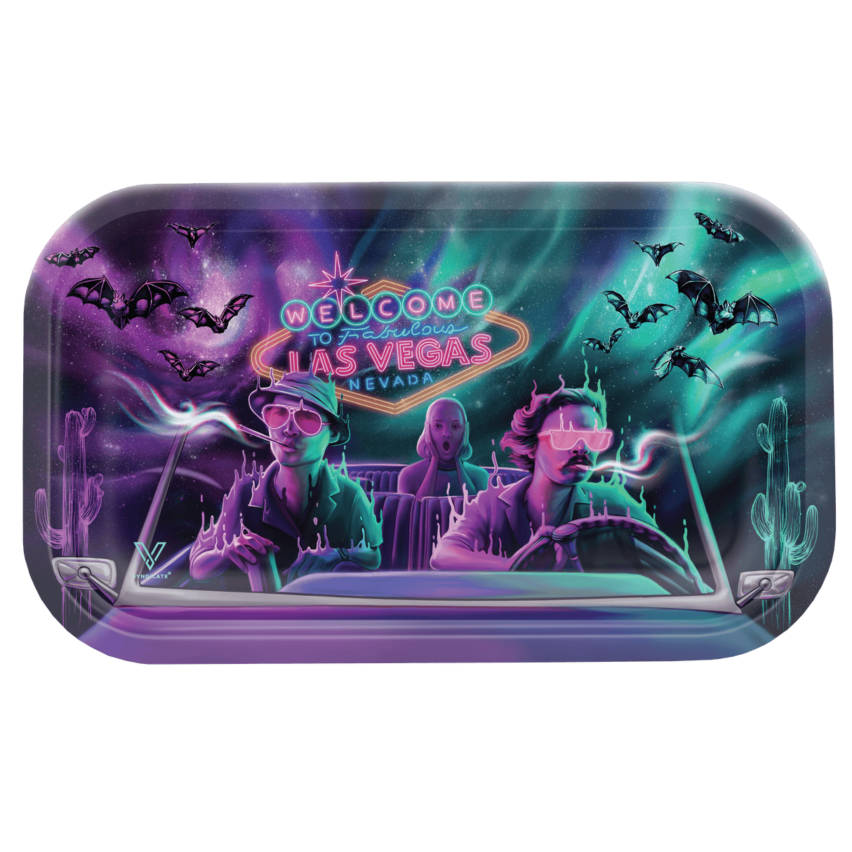 V Syndicate Bat Country Metal Rollin' Tray with vibrant purple and teal Las Vegas design, medium size, top view