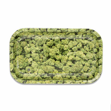 V Syndicate Buds Metal Rollin' Tray Medium - Top View with Green Dry Herbs Design