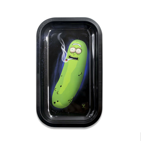V Syndicate Pickle Metal Rollin' Tray in black with a fun novelty pickle design, compact and portable for dry herbs