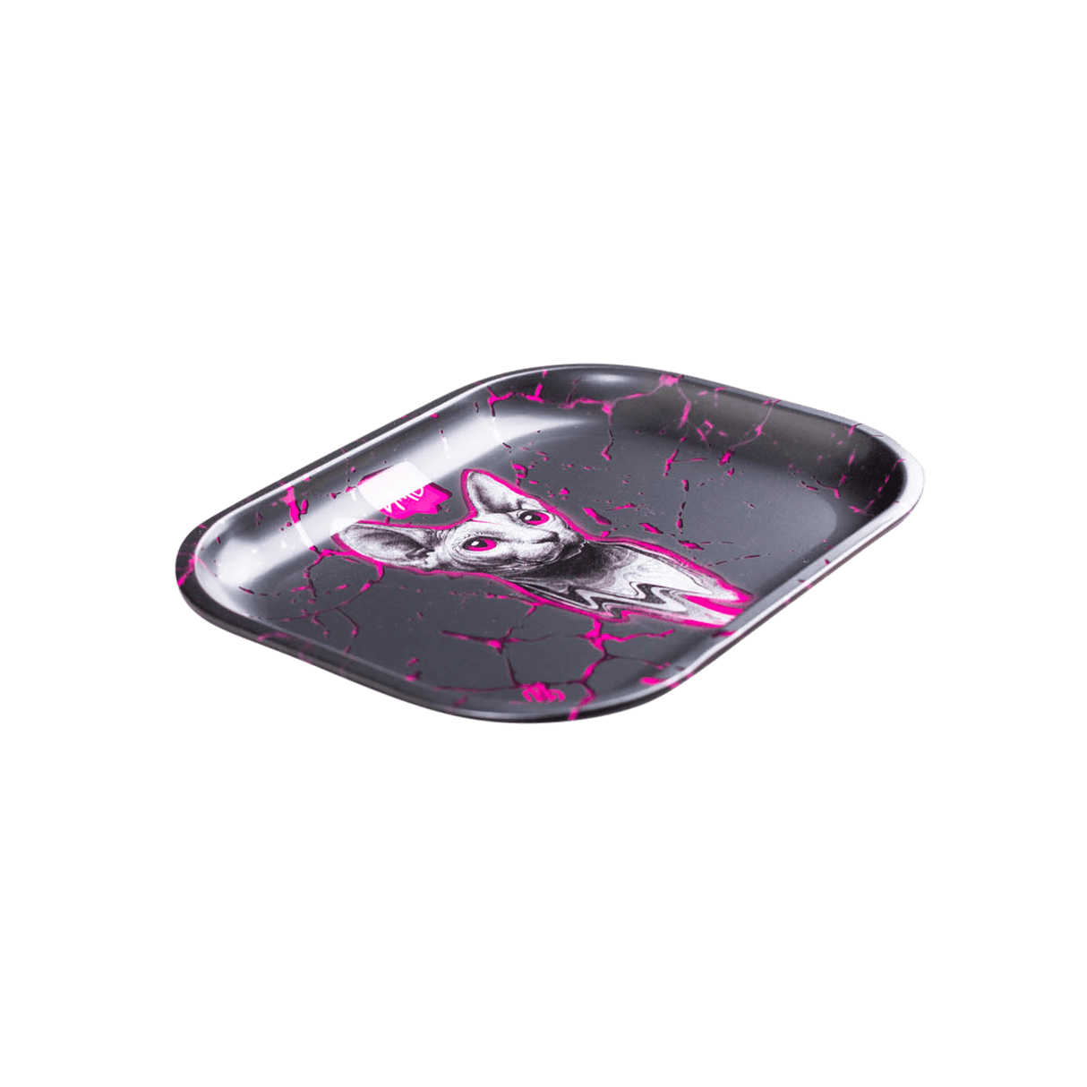 V Syndicate Stray Metal Rollin' Tray in black with pink accents, compact and portable design