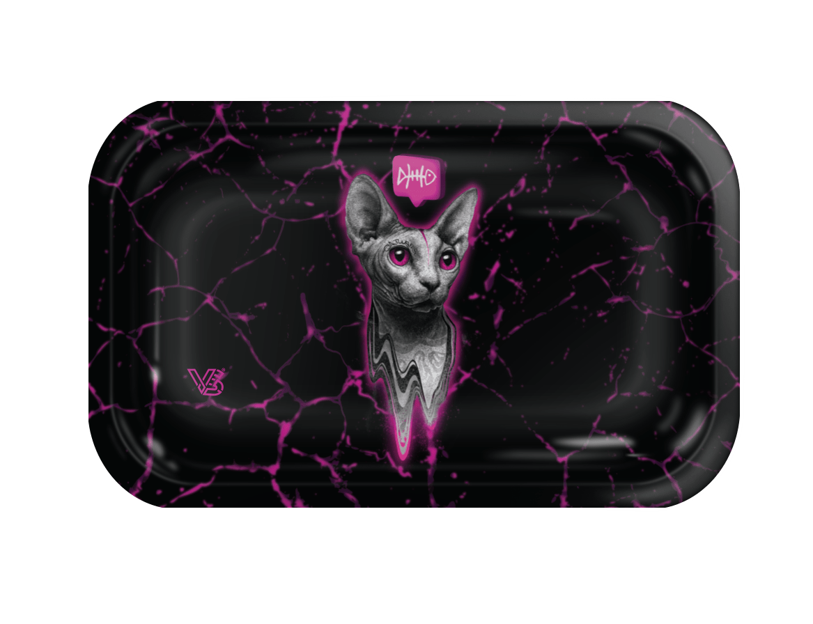 V Syndicate Stray Metal Rollin' Tray in Black with Pink Lightning Design, Compact and Portable