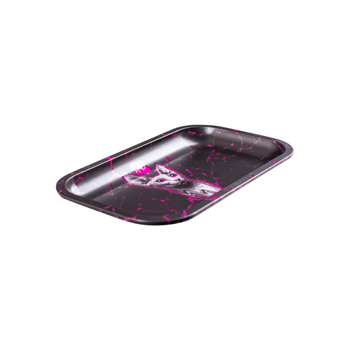V Syndicate Metal Rolling Tray with Stray Cat Design, Durable & Portable, Medium Size, Black & Pink
