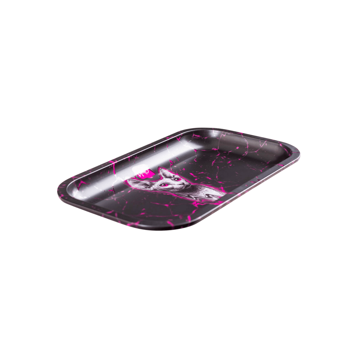 V Syndicate Stray Metal Rollin' Tray in black with pink accents, compact and portable design