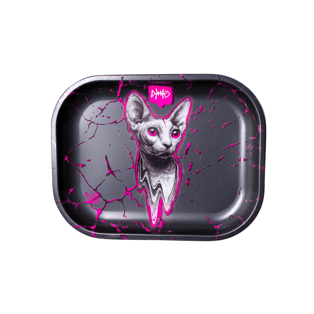 V Syndicate The Stray Metal Rollin' Tray with Pink and Black Cat Design - Top View