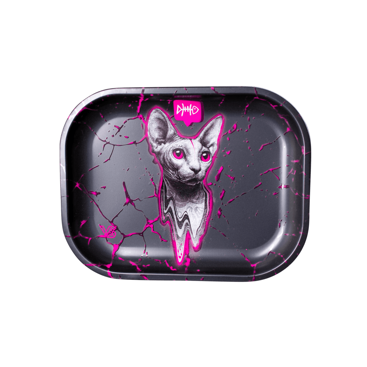 V Syndicate The Stray Metal Rollin' Tray with Pink and Black Cat Design - Top View