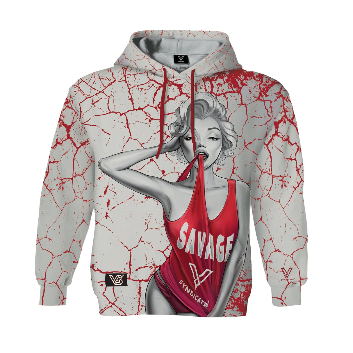 Dank Diva 360Β° Print Hoodie in Gray with Red Accents, Front View, Sizes XS to XXL