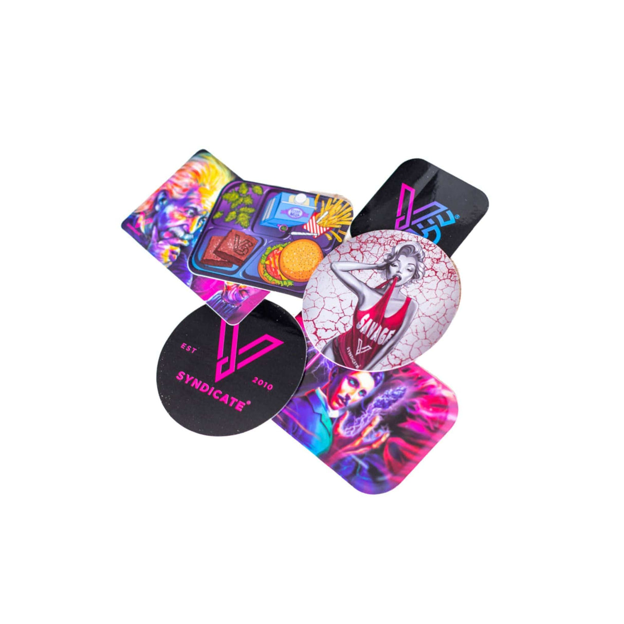 V Syndicate vibrant sticker pack with assorted fun designs, ideal for customizing smokers' accessories