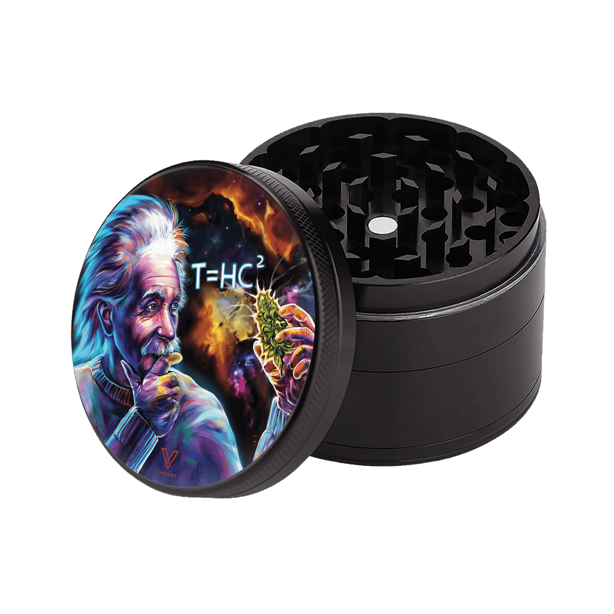 V Syndicate T=HC2 Einstein Black Hole 4-Piece Grinder with Nonstick Feature - Angled View