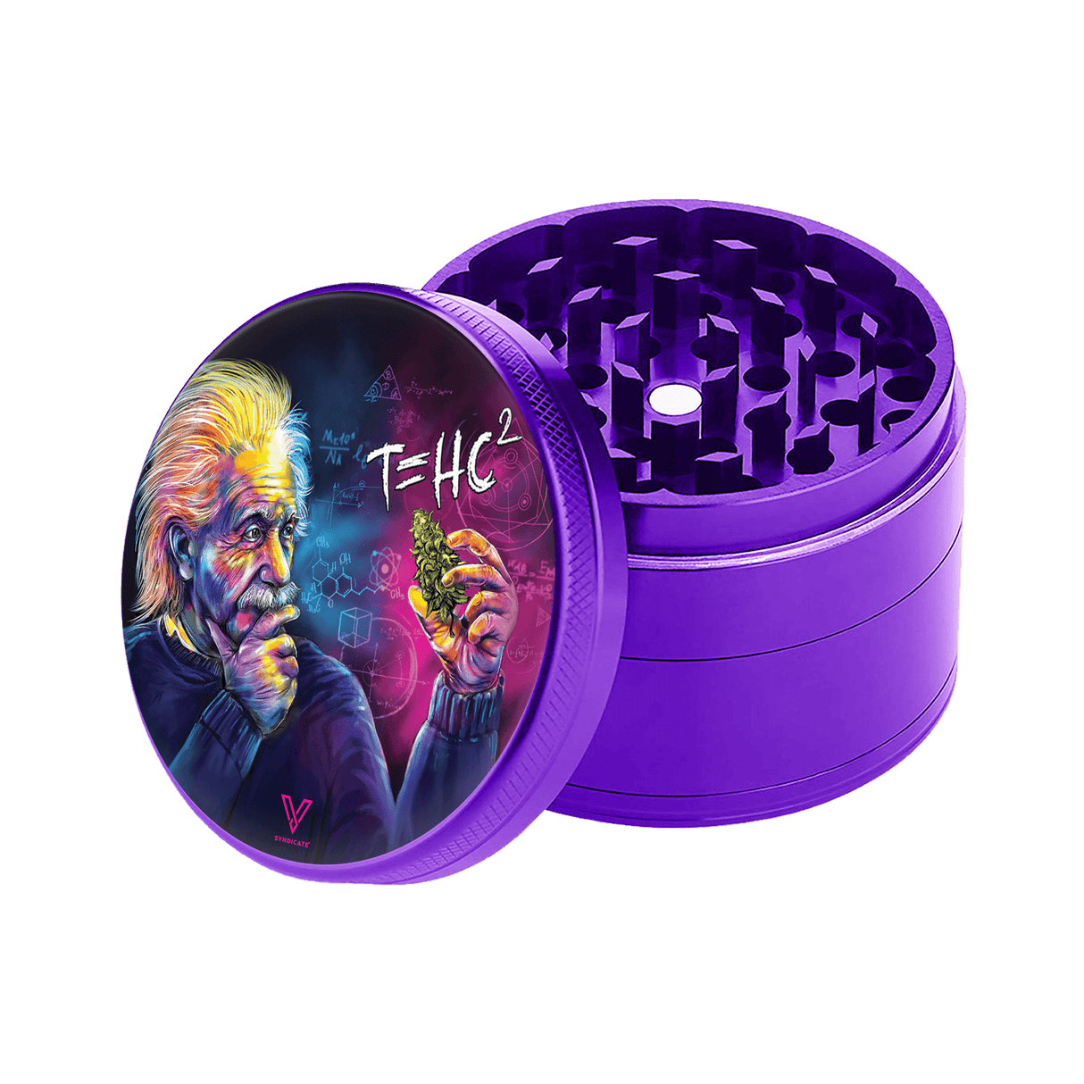 V Syndicate T=HC2 Einstein 4-Piece SharpShred Grinder, Purple, Compact Design for Dry Herbs