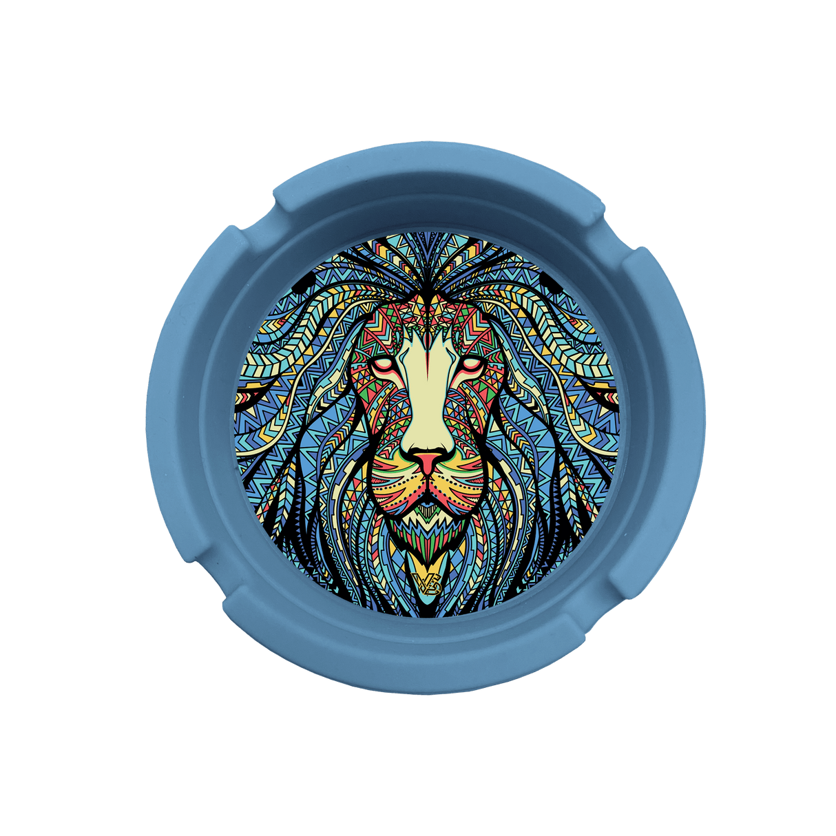 V Syndicate Tribal Lion Blazin' Silicone Ashtray in blue, top view, portable and easy to clean