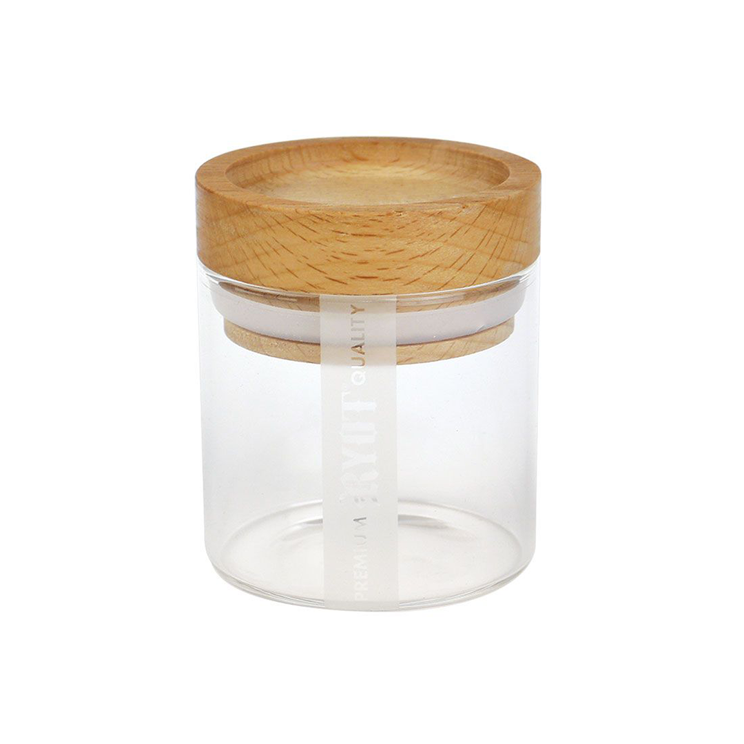 Ryot Glass Herb Storage Jar with Beech Wood Lid and Airtight Seal, Front View