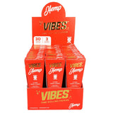VIBES Hemp Cones 30-Pack display box, unbleached rolling papers for dry herbs, front view