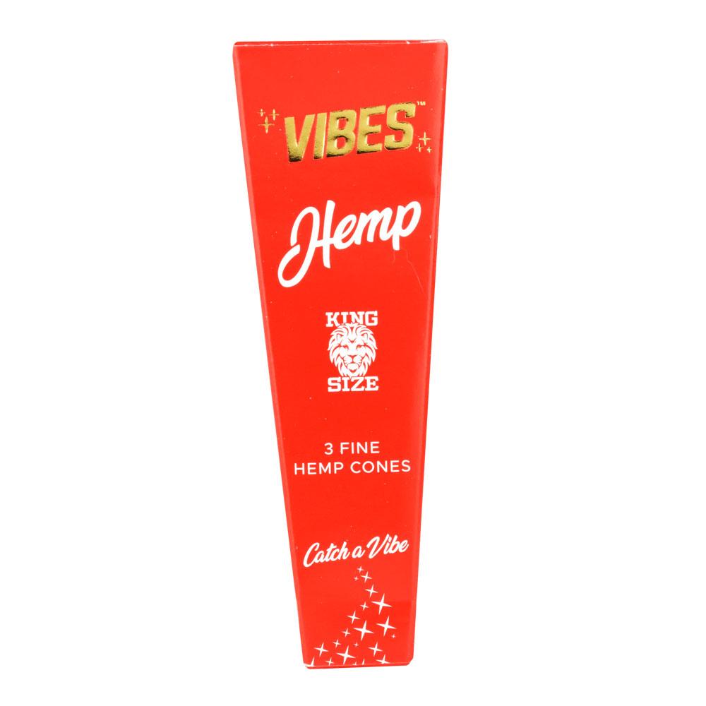 VIBES Hemp Cones King Size 30-Pack, front view on white background, portable unbleached rolling papers
