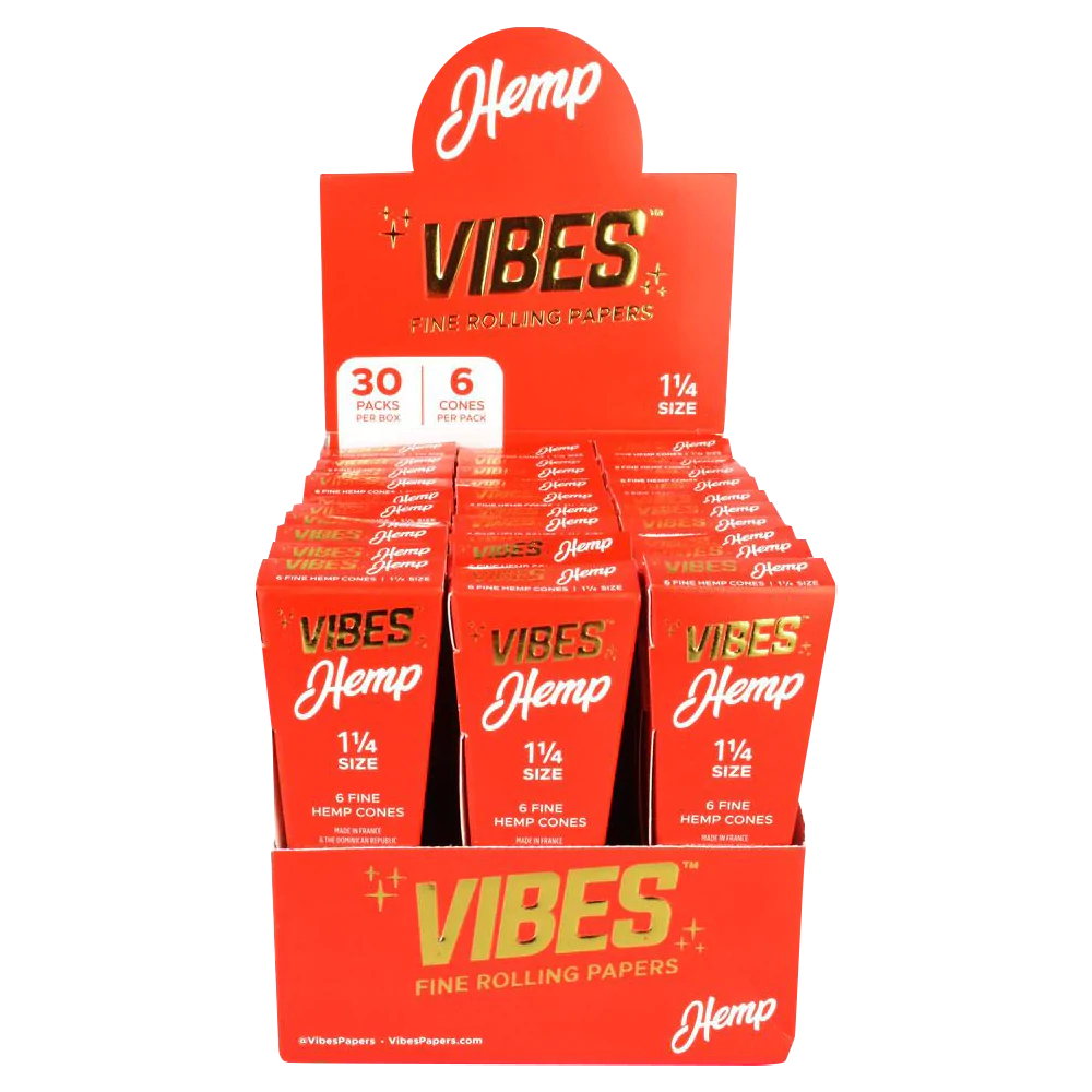 VIBES Hemp Cones 30 Pack displayed in orange boxes, front view, for dry herbs rolling