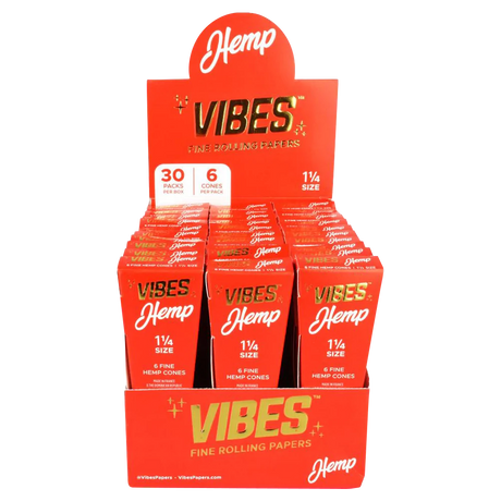 VIBES Hemp Cones 30 Pack displayed in orange boxes, front view, for dry herbs rolling