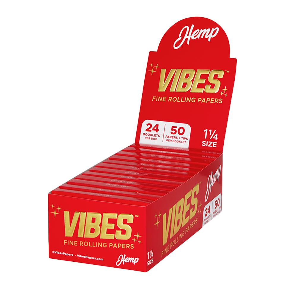 VIBES Hemp Rolling Papers 1 1/4" Size with Filters, 24 Pack Display Box - Front View