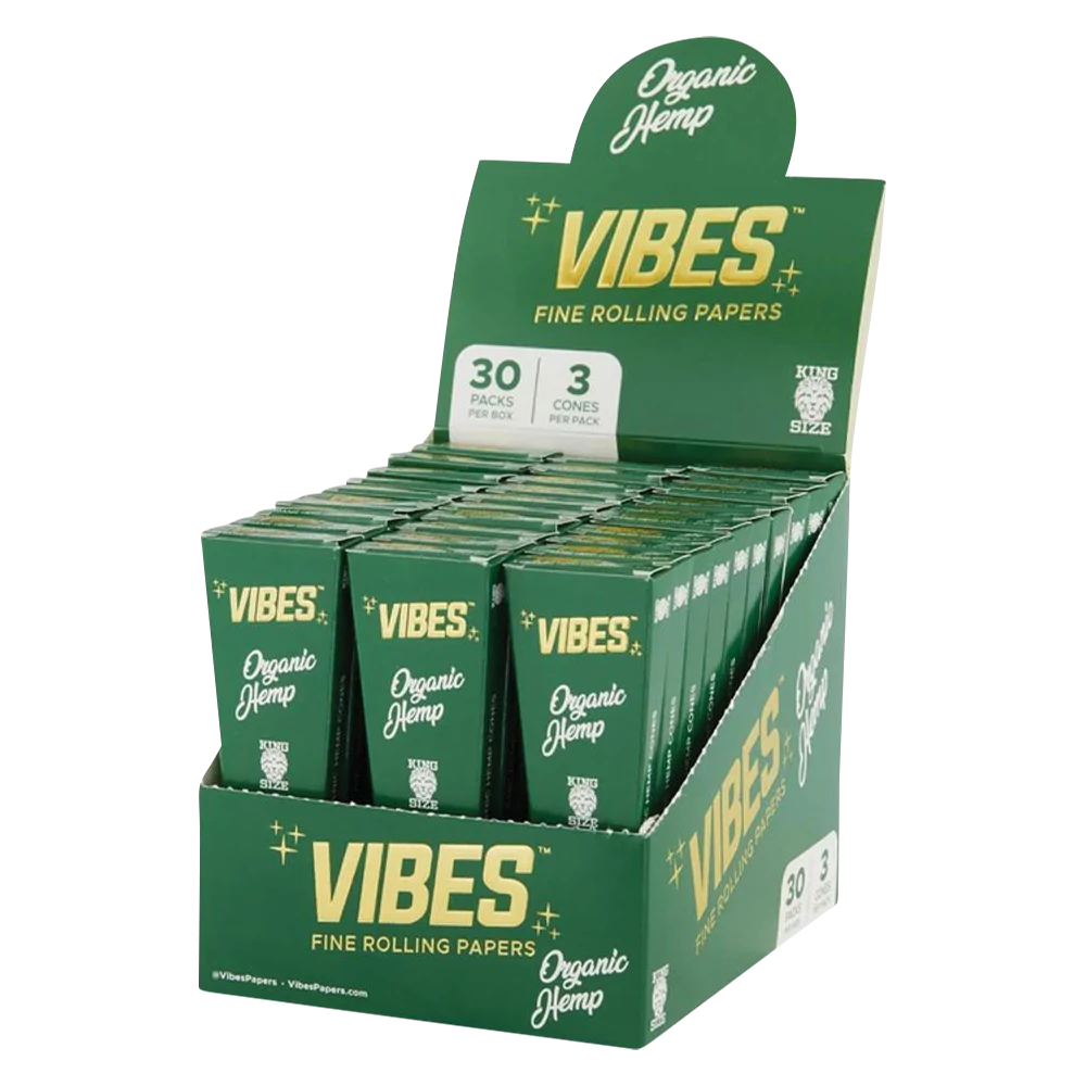 VIBES Organic Hemp Cones 30-Pack display box, King Size, for rolling dry herbs, front view