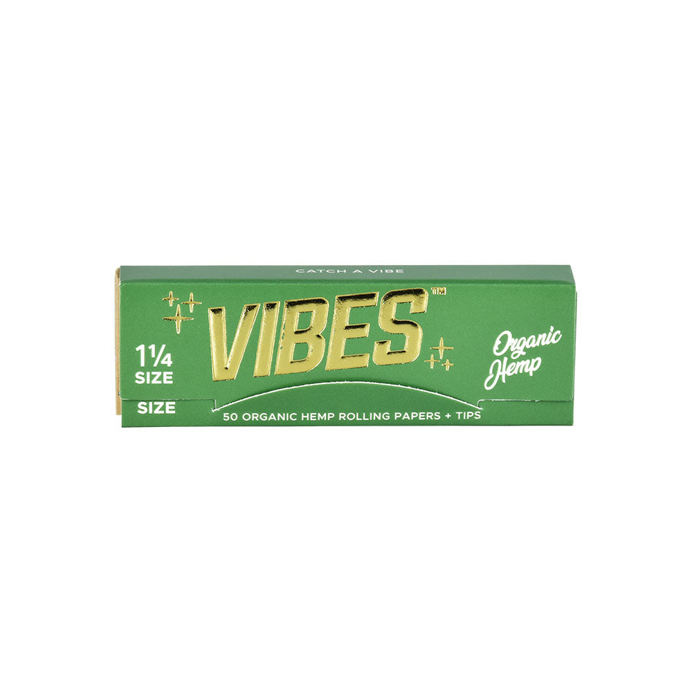 VIBES Organic Hemp Rolling Papers 1 1/4" with Filters Front View on White Background