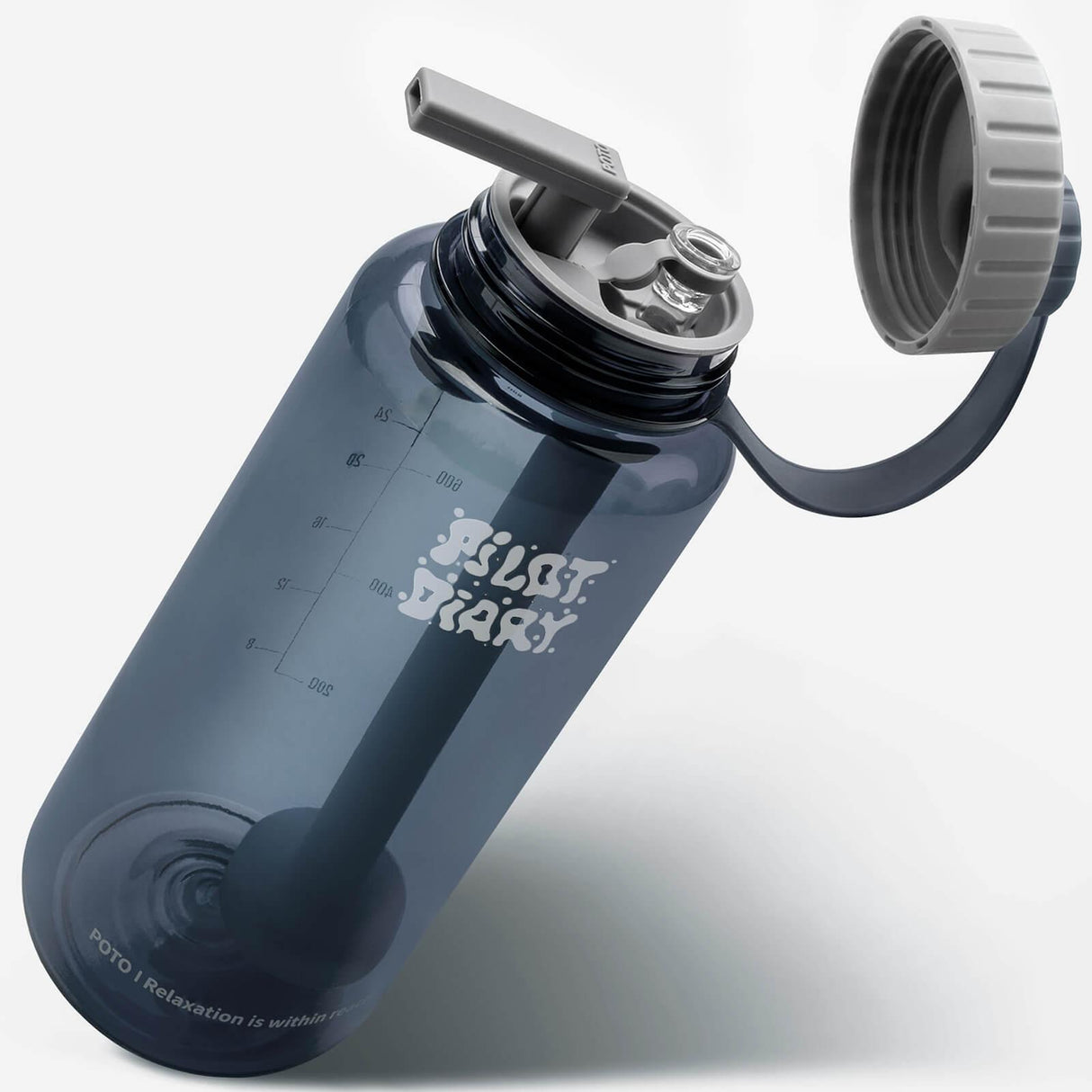 PILOT DIARY POTO Water Bottle Bong in blue with a detachable lid, angled view