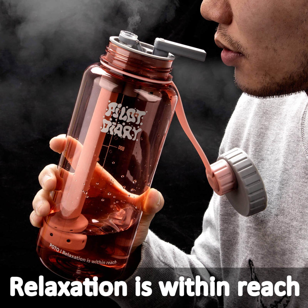 PILOT DIARY POTO Water Bottle Bong in use, close-up side view with smoke, portable and discreet