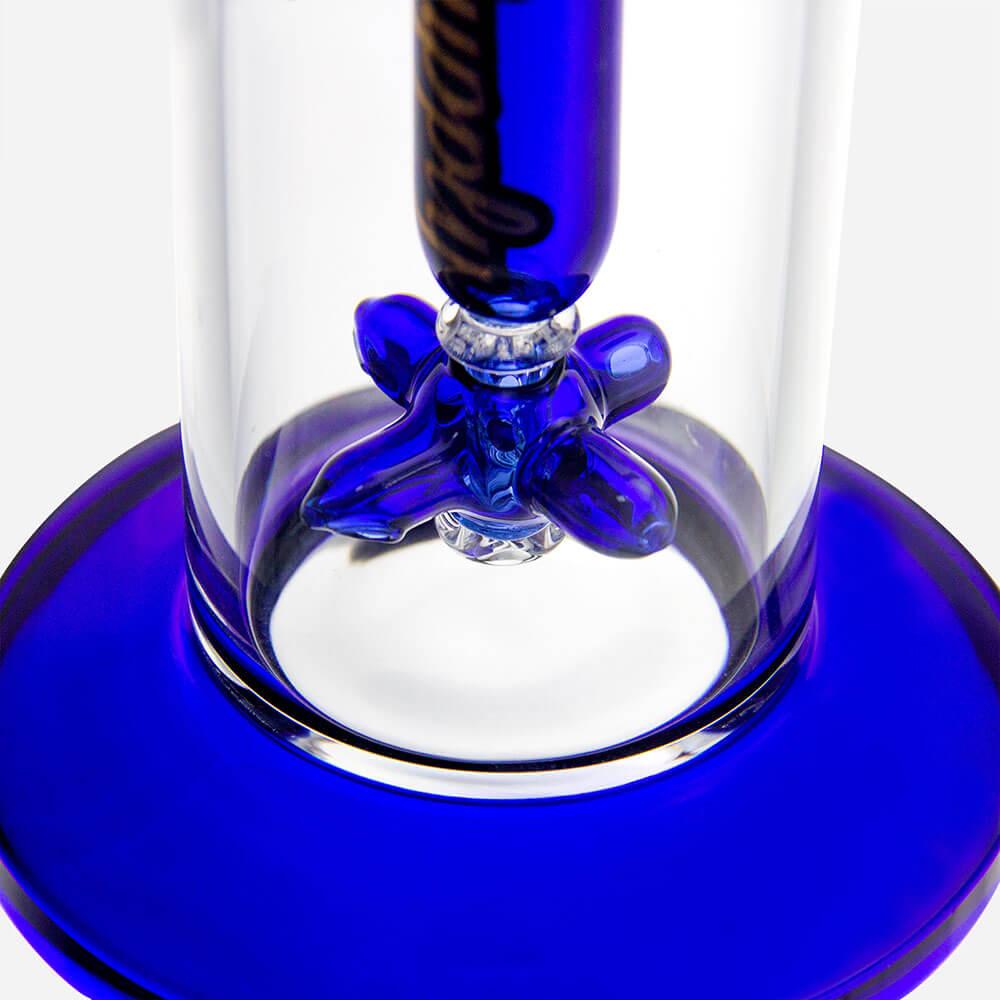 Close-up of PILOT DIARY Hephaestus Swing Arm Dab Rig base with blue accents
