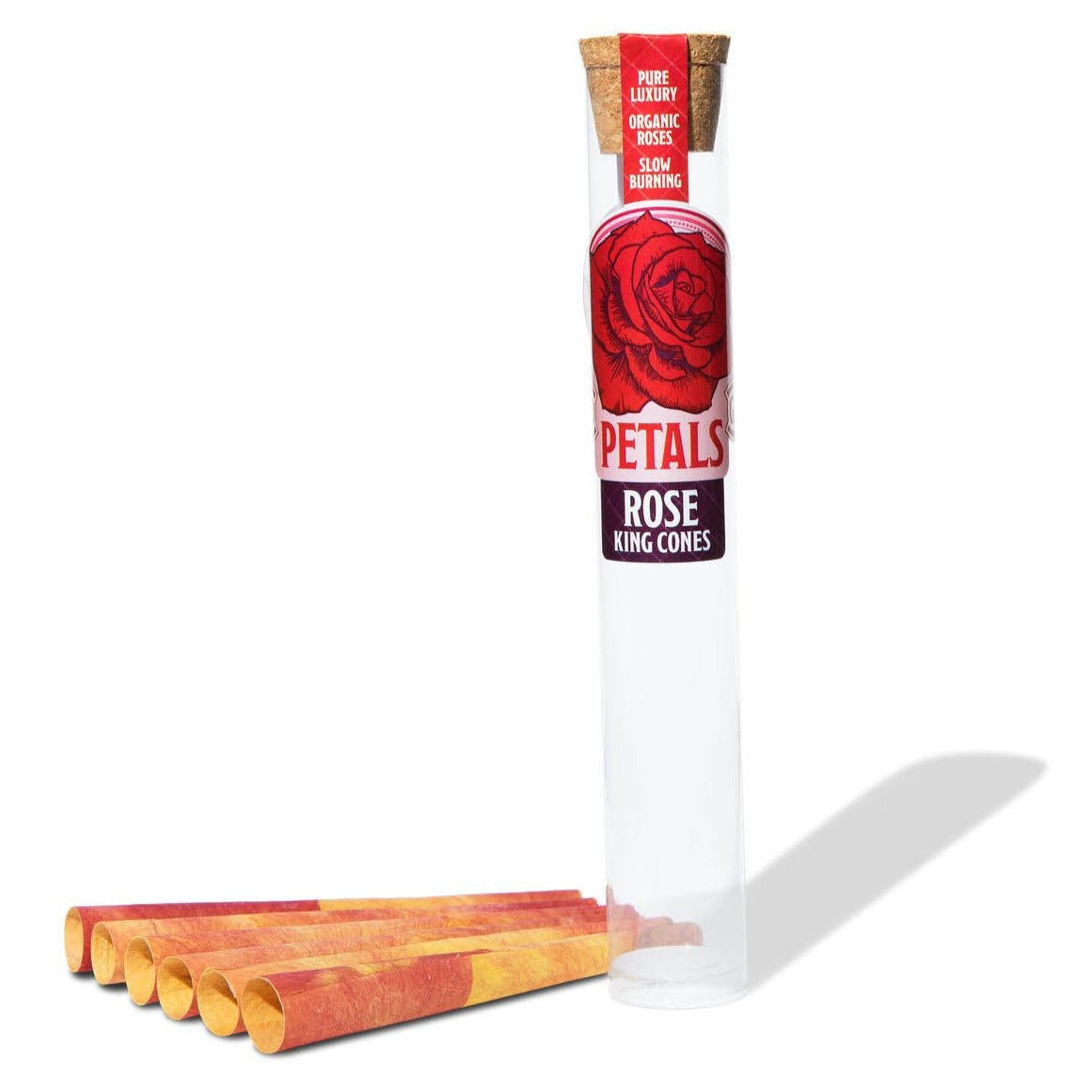 Cali Sunset Rose Petal King Cones 6-Pack by PETALS with natural red hue, displayed front view