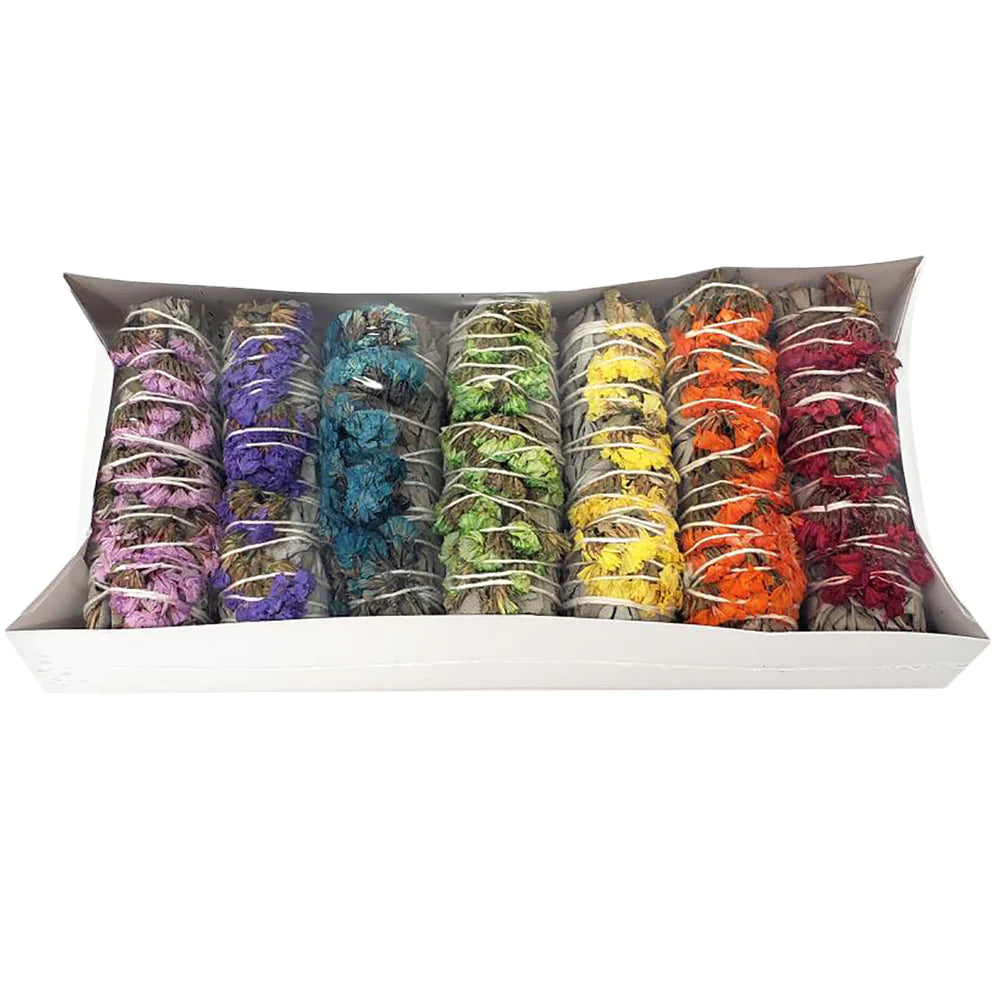 Assorted White Sage and Sinuata Bundle 7-Pack in Box, Top View, for Home Fragrance