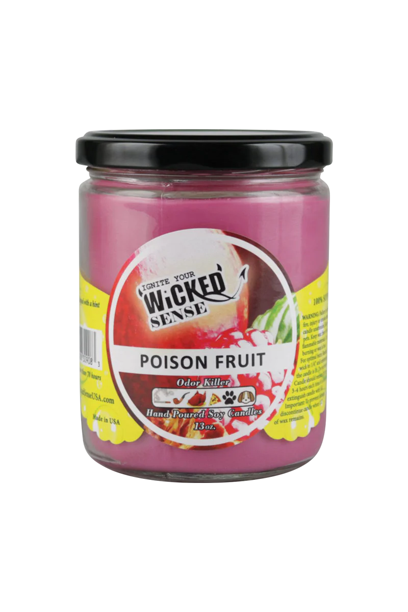 Wicked Sense Soy Candle, Poison Fruit scent, 13 oz, purple, compact design, metal lid, front view