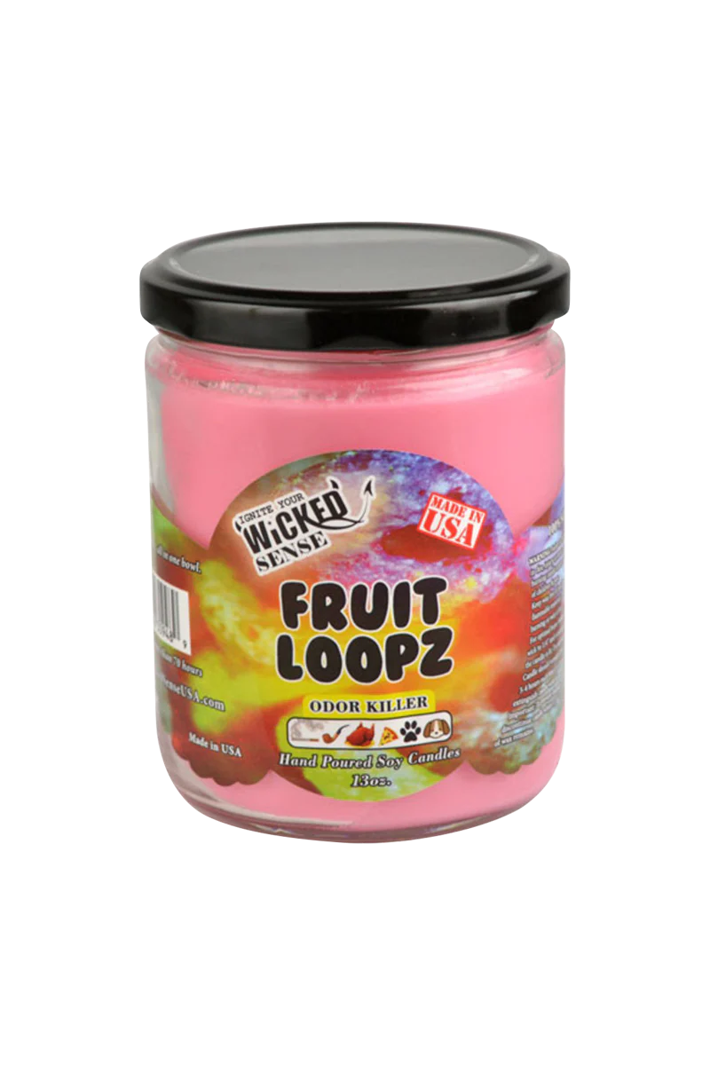 Wicked Sense Fruit Loopz Soy Candle, 13 oz, Pink Wax, Made in USA, Front View