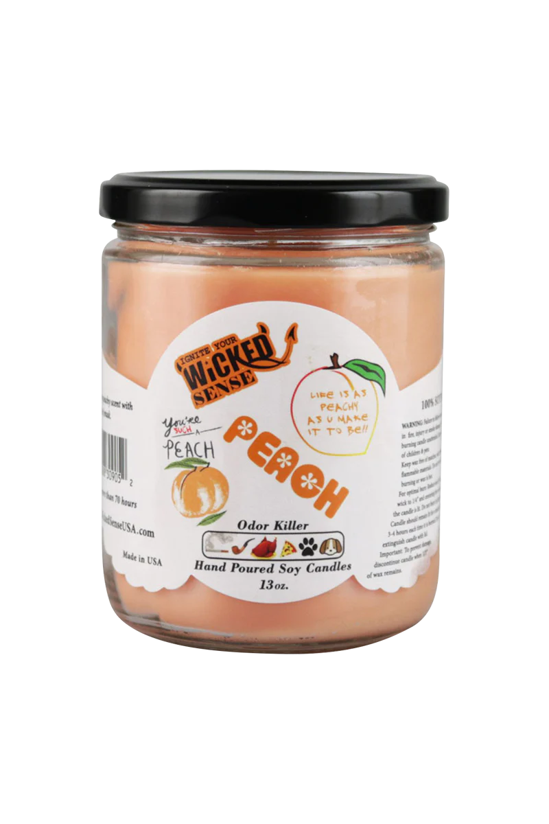 Wicked Sense Peach Scented Soy Wax Candle, 13 oz, Hand Poured in USA, Front View