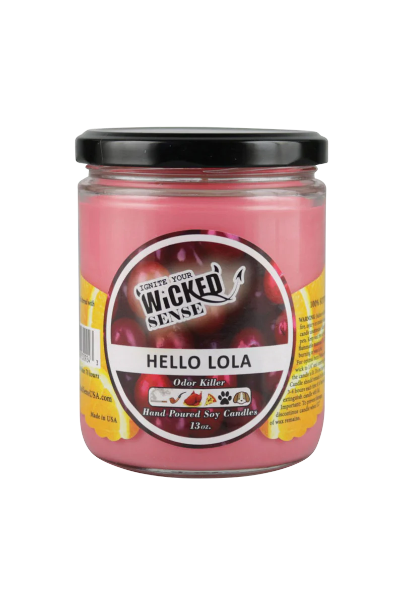 Wicked Sense Hello Lola Odor Killer, 13 oz hand-poured soy candle in metal jar, made in USA, front view.
