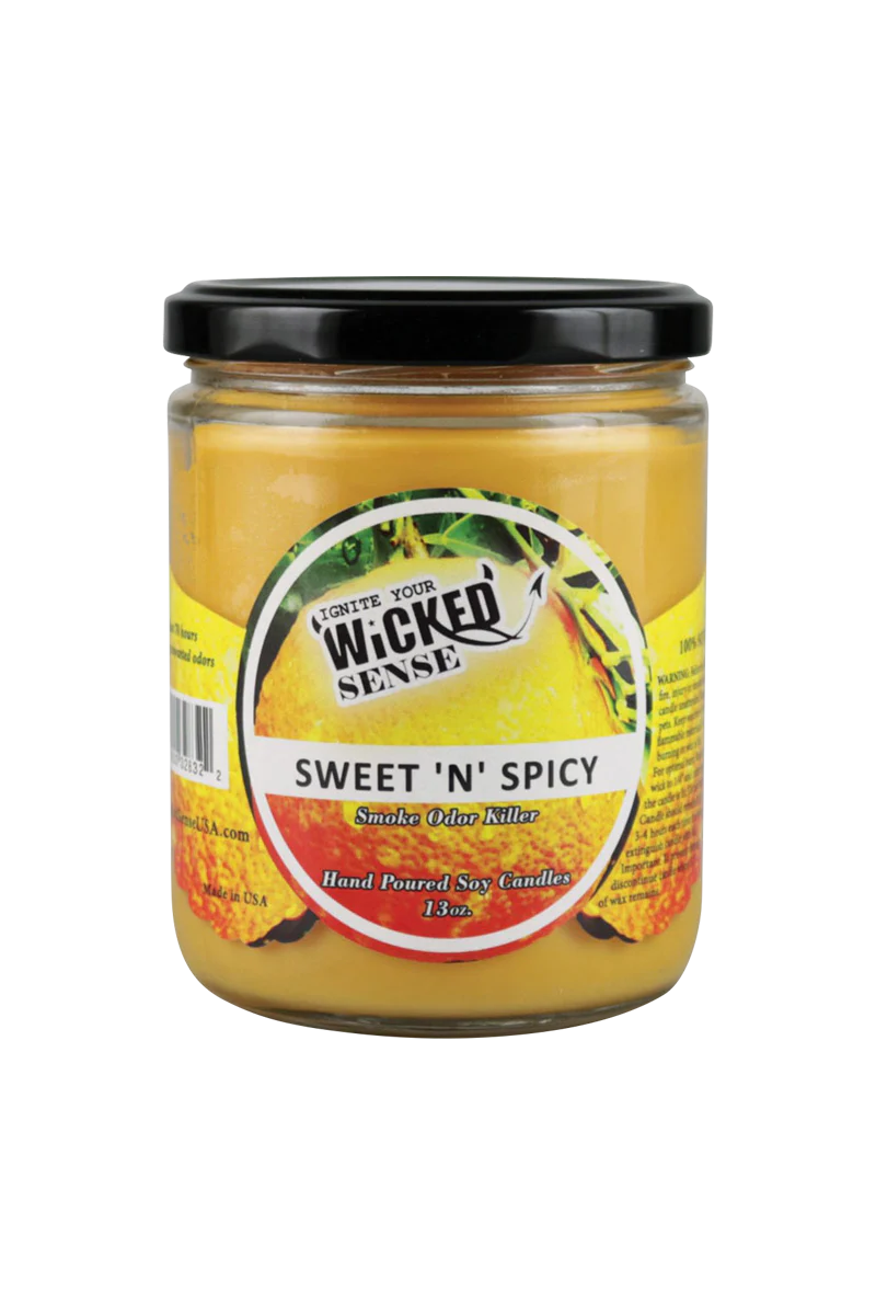 Wicked Sense Sweet 'N' Spicy soy candle, 13 oz, front view on seamless white background