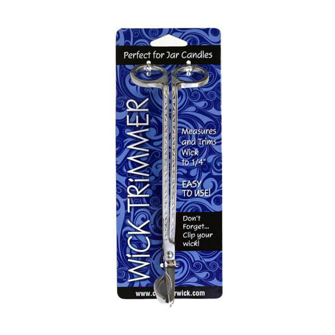 Stainless Steel Wick Trimmer for Jar Candles on Blue Swirl Background, Easy to Use Design