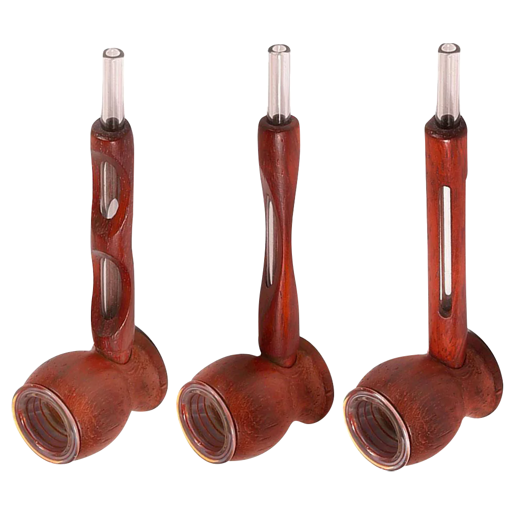 Wood & Glass Thin Stem Hybrid Pipes for Dry Herbs, Heavy Wall Construction, 4.75" Tall - Angled View