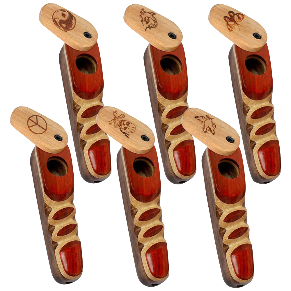 Assorted Wood Spoon Pipes with Engraved Swivel Lids for Dry Herbs, Angled View