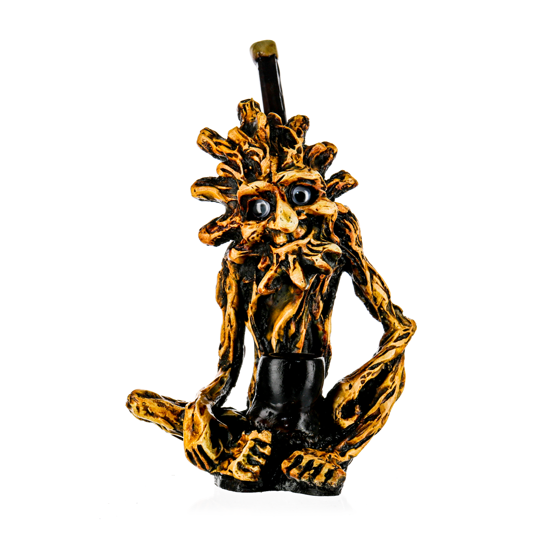 Medusa Customs Hand Carved Pipe - Front View of Detailed Wooden Texture Design